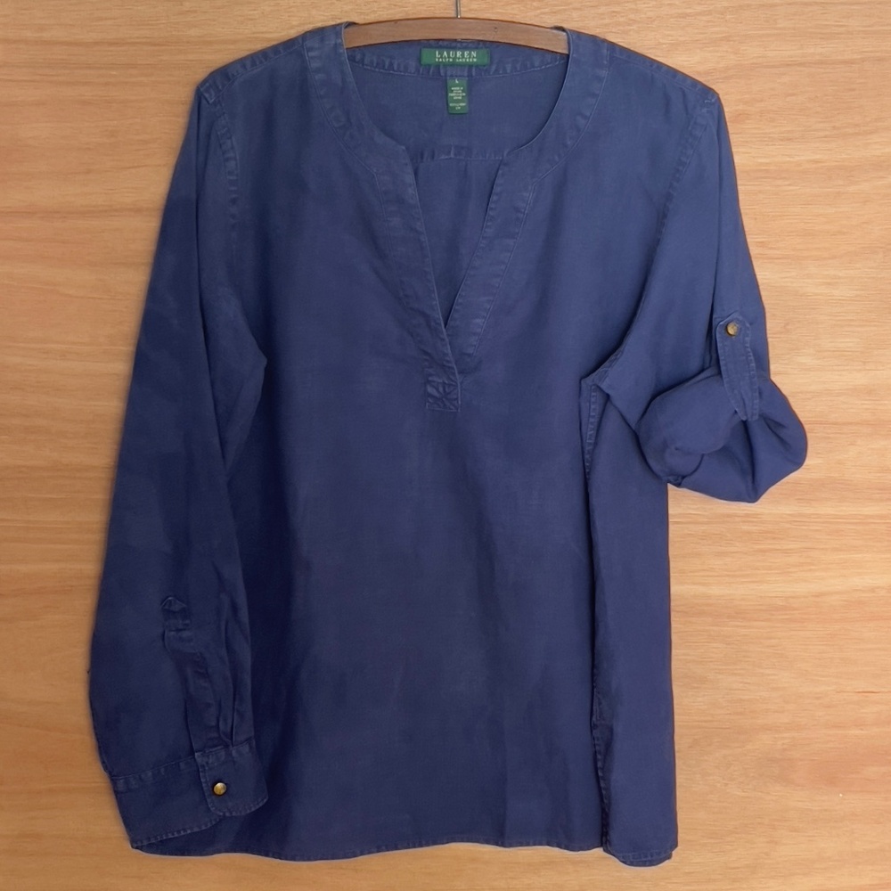 Lauren Ralph Lauren 100% linen tunic size L blue unwashed faded v-neck roll tab